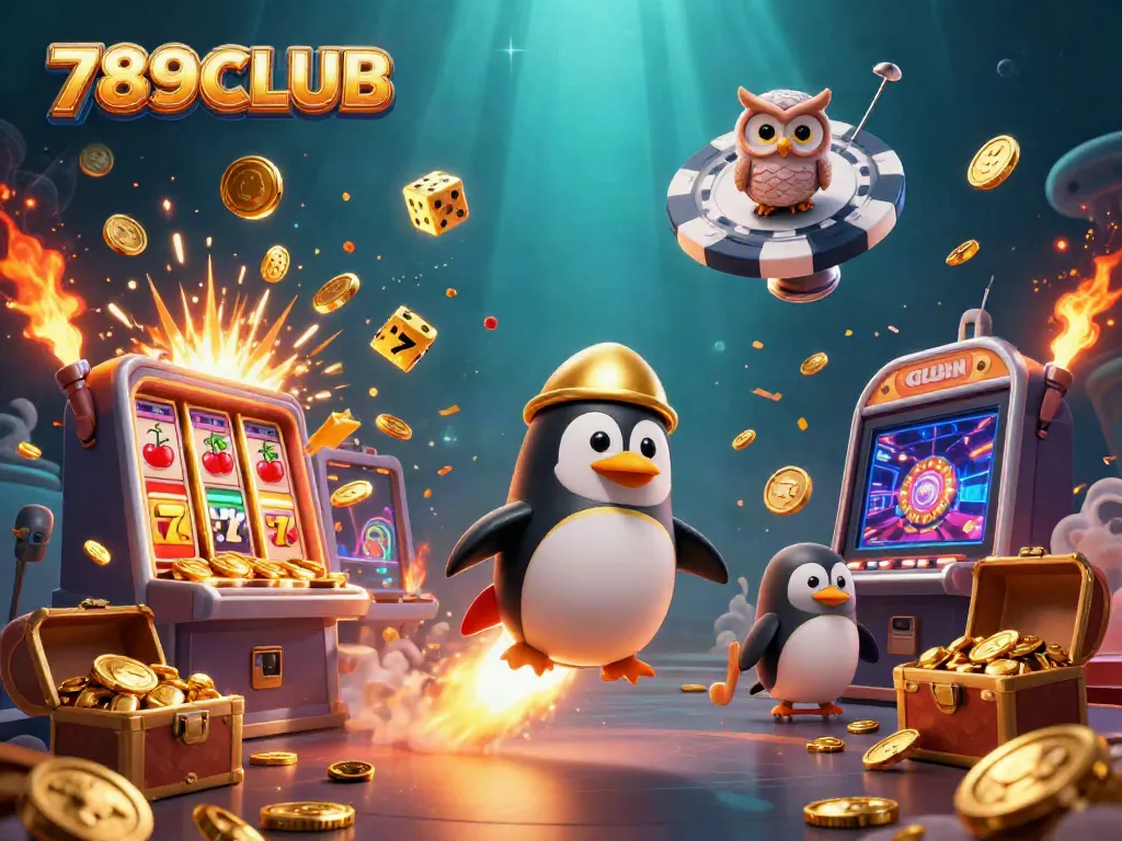 Experience the exciting journey at 789CLUB with a golden penguin blasting through space, surrounded by casino icons.