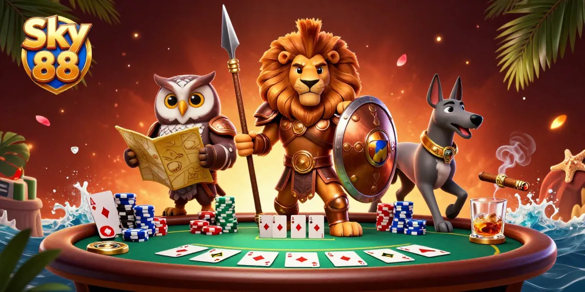 Experience Sky 88 excitement with a dramatic poker scene featuring iconic casino elements and characters.
