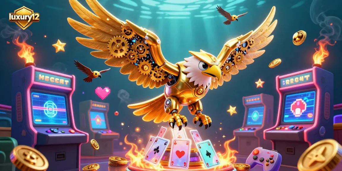 Engage in thrilling gameplay at luxury12 with the stunning golden eagle soaring through holographic cards.