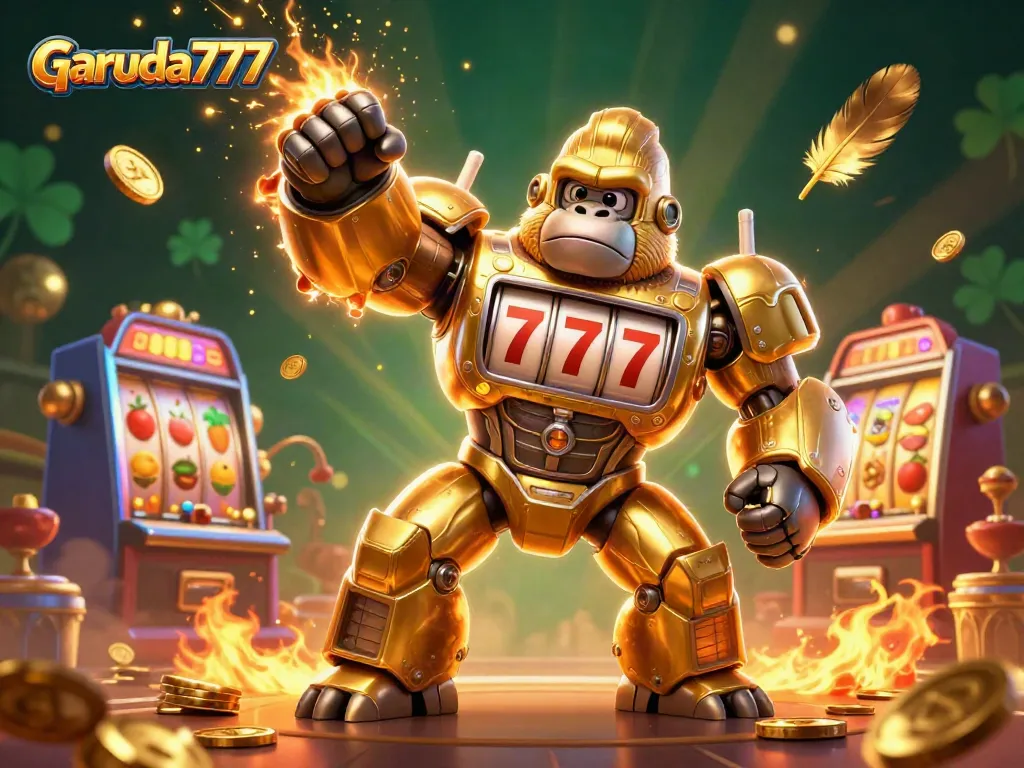 Permainan slot Garuda777 dengan gorila mech berlapis mesin slot, siap memberikan keberuntungan.