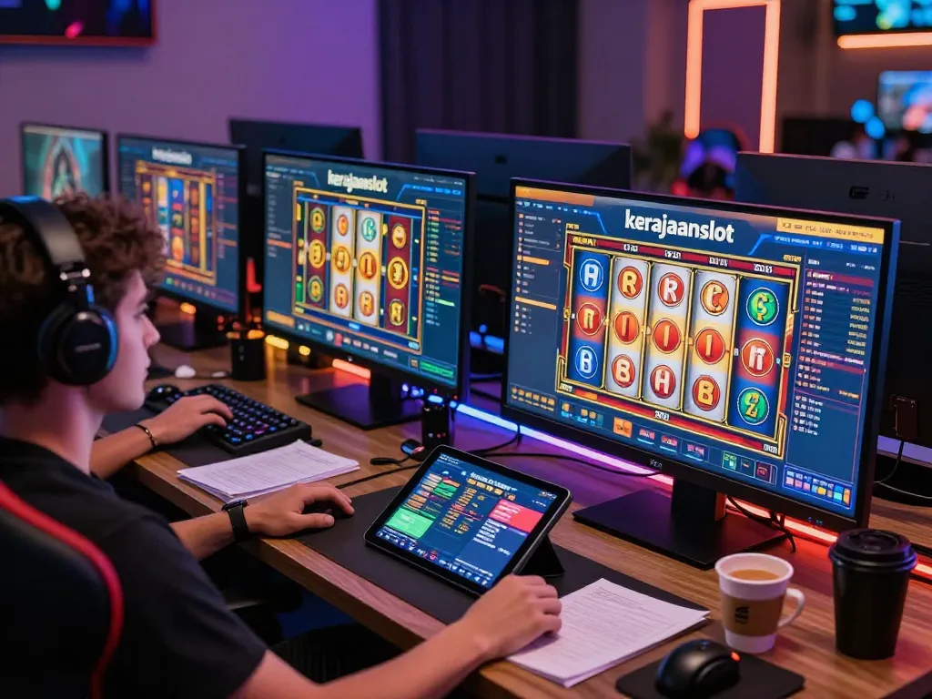 Engaging gameplay experience on kerajaanslot with player analyzing strategies at a modern gaming setup.
