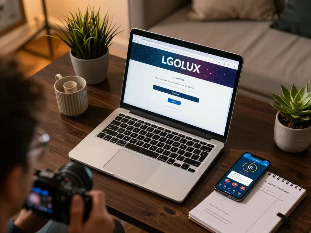Signing into LGOLUX LOGIN on a stylish laptop setup, highlighting a responsible gambling atmosphere.