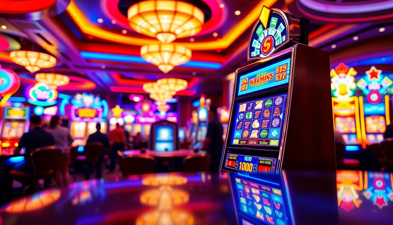 Berinteraksi dengan slot mesin di kasino, menonjolkan keseruan dan kebahagiaan pemain.