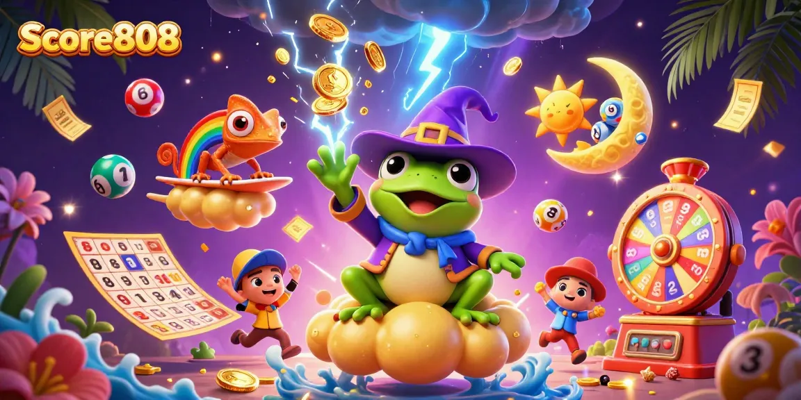 Enjoy thrilling gameplay on Score808 as a wizard frog conjures golden coins and vibrant sports elements.