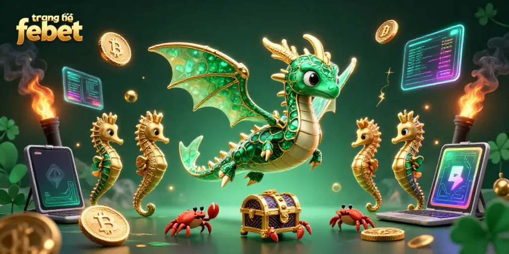 Experience the excitement at trang chủ febet with a dynamic scene featuring a majestic sea dragon and crypto elements.