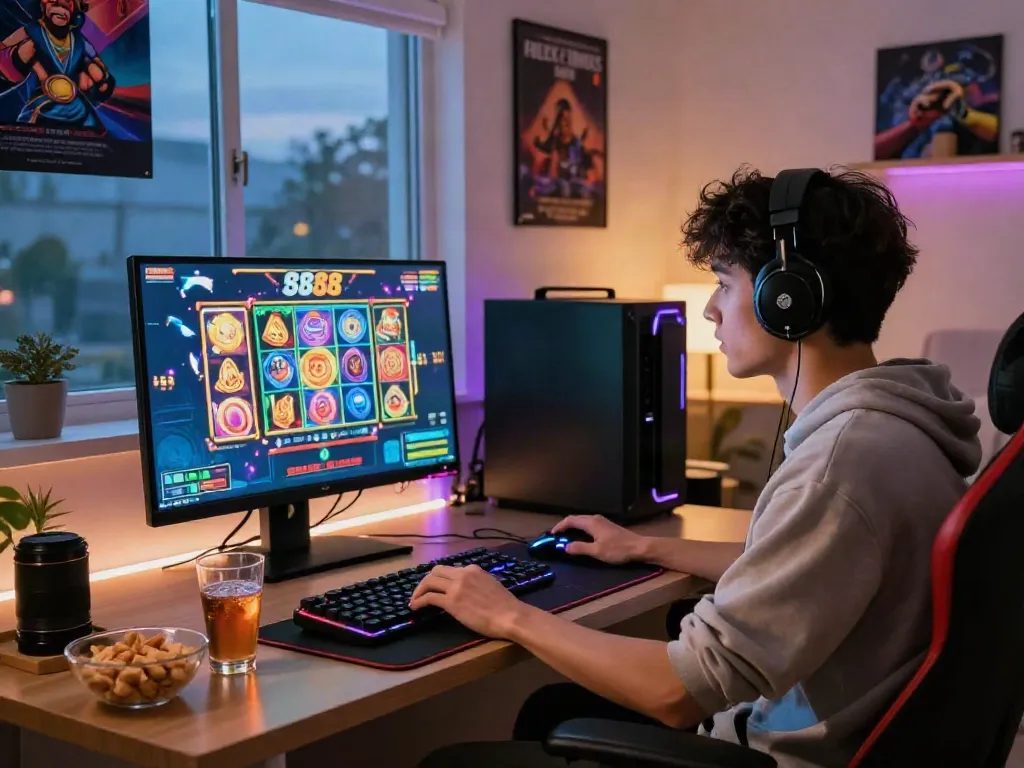 Engaging gaming atmosphere with player enjoying slot88 on a modern setup