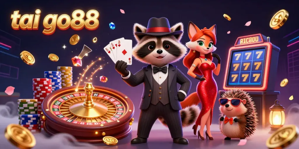 Experience excitement at tai go88 with a charming raccoon, fox, and hedgehog surrounded by casino elements.