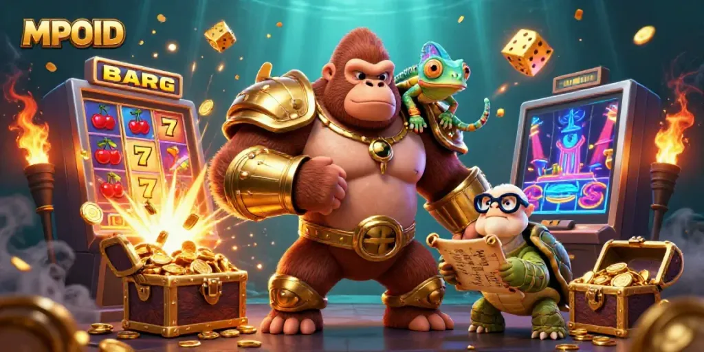 MPOID showcases an animated scene with a gorilla king, chameleon spy, and wise tortoise in a vibrant casino atmosphere.