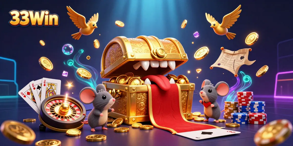 Engage in thrilling games at 33Win with cascading gems and golden treasures, all in a vibrant casino scene!