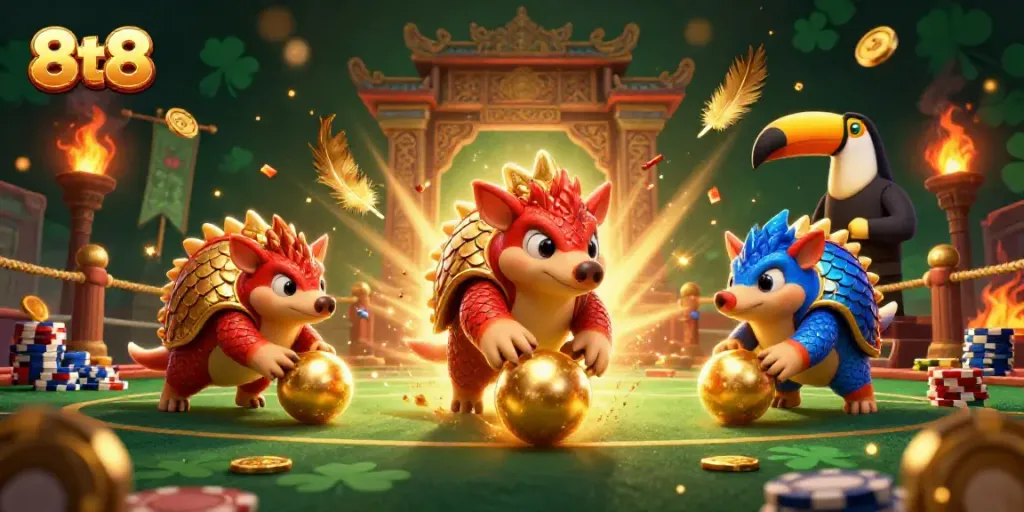 Experience thrilling bowling action with rival pangolins in a high-stakes poker scene featuring 8tt8 elements.
