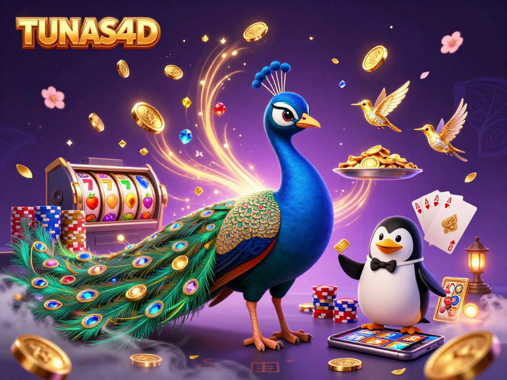TUNAS4D showcases an energetic scene of a majestic peacock and penguin amidst cascading coins and vibrant slot reels.