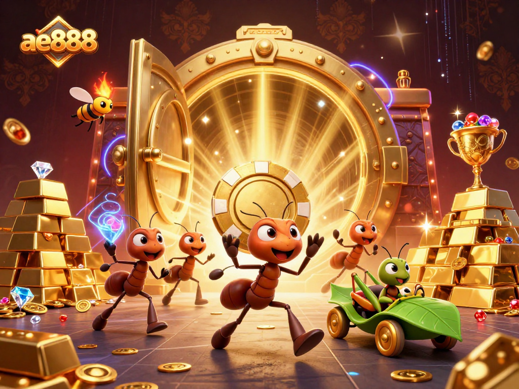 Join the ae888 heist with animated ants racing for a giant poker chip in a vibrant casino scene.
