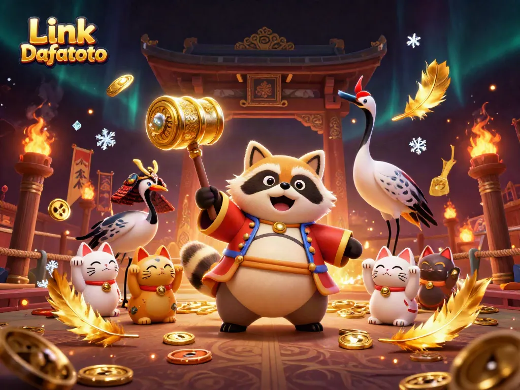 Mengakses Link Dafatoto dengan ceria melalui karakter tanuki dan kucing keberuntungan dalam suasana kasino yang menyenangkan.
