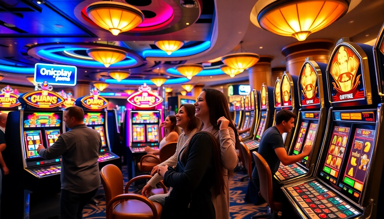 Experience the thrill of Onicplay at colorful slot machines with excited players winning big.