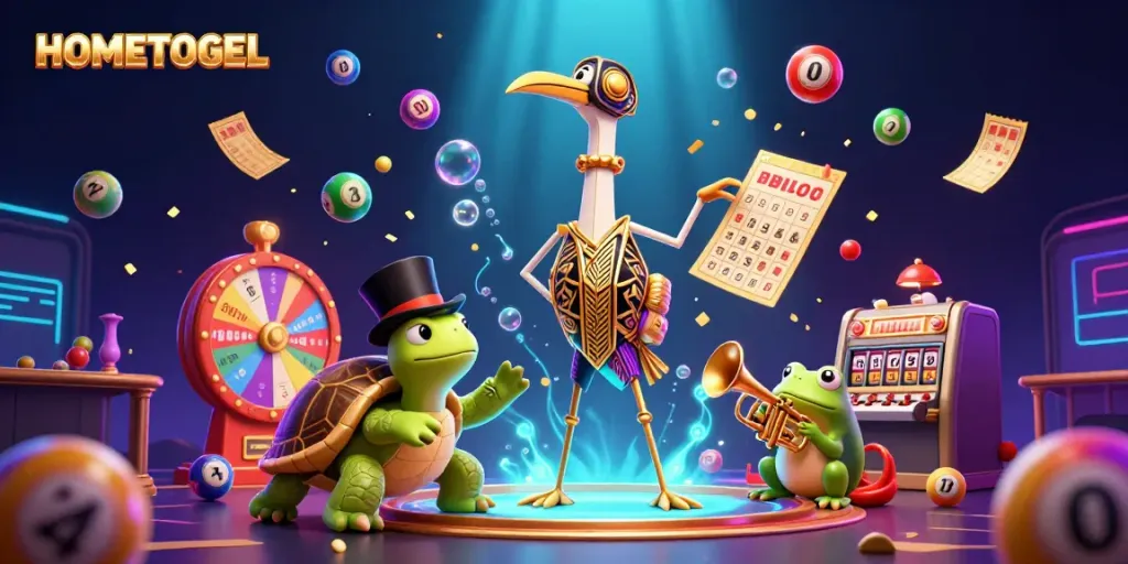 Engage with HOMETOGEL lottery magic featuring vibrant characters and dynamic game elements.