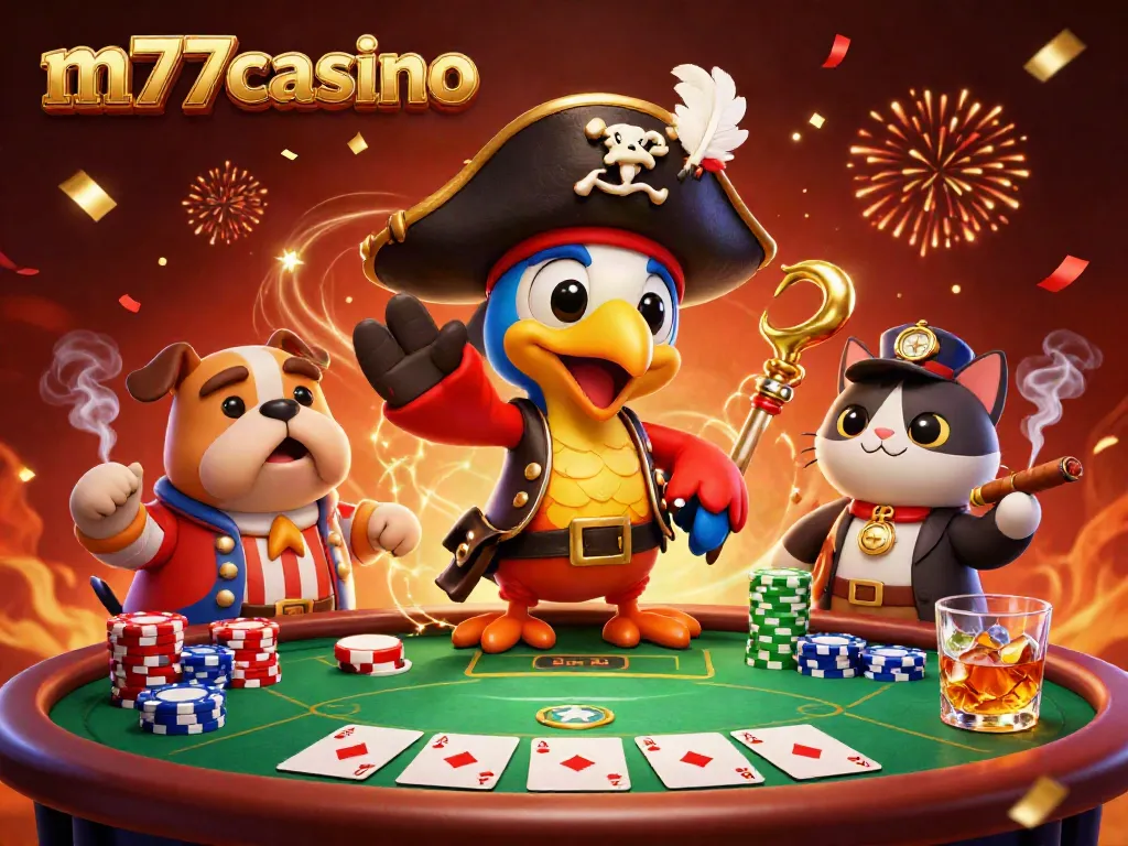 Gambarlah karakter m77casino dalam suasana permainan poker yang meriah dan penuh detail.