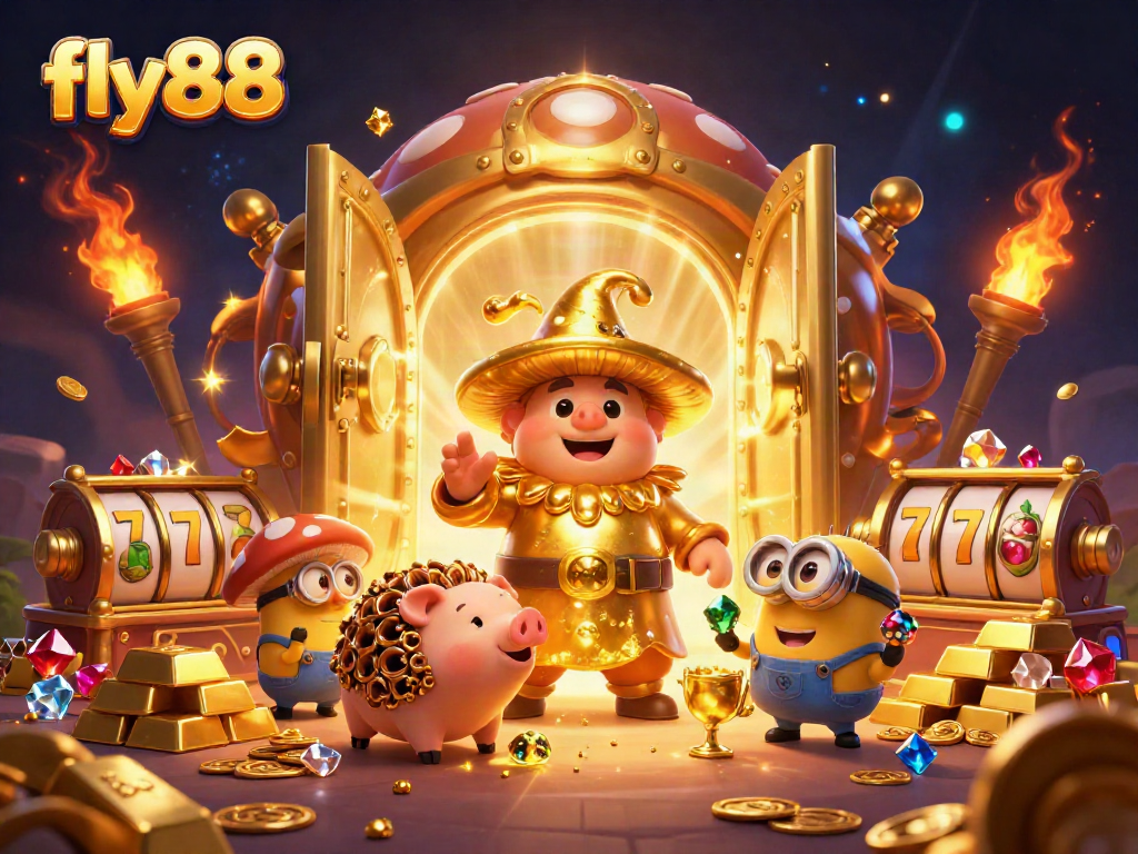 Experience excitement with fly88 as a magical mushroom wizard encounters treasures in a vibrant casino scene.