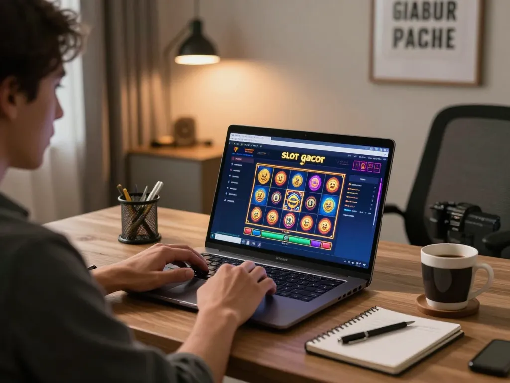 Engaging gameplay on situs slot gacor displayed on sleek laptop in modern gaming setup.