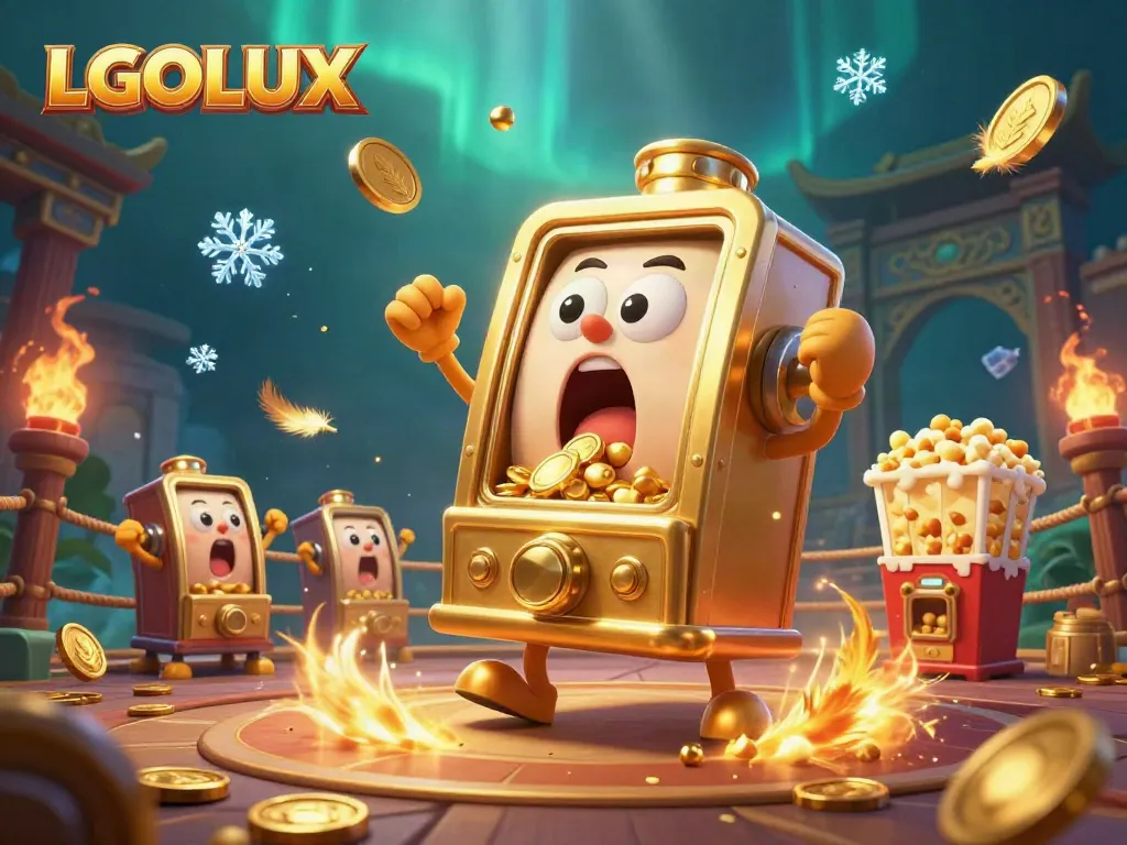 Play thrilling slots with LGOLUX as the golden slot machine hits jackpots and coins cascade.