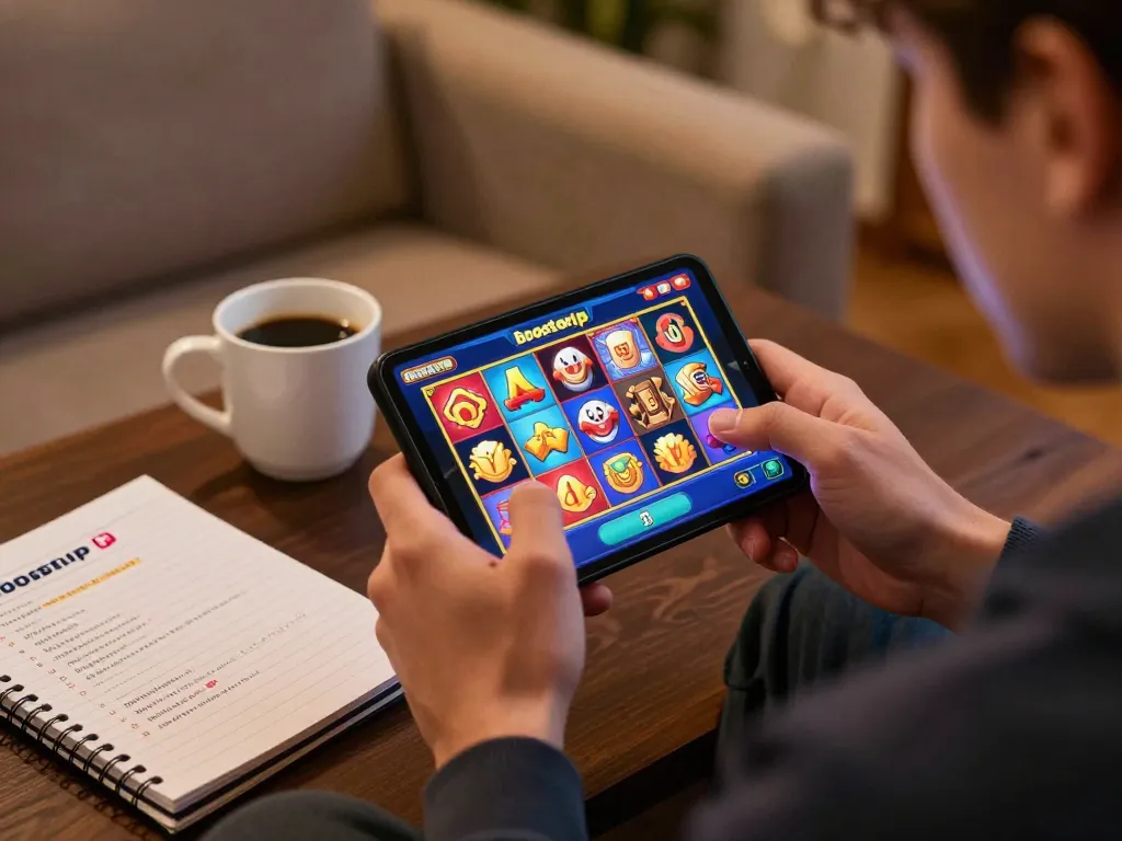 Player enjoying boosterjp slot games on mobile device in a cozy setting, showcasing engaging gameplay.