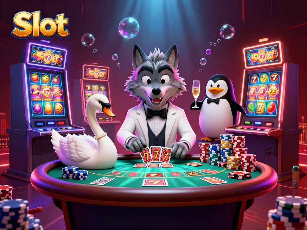 Engaging Slot scene featuring wolf in tuxedo, swan dealer, and penguin sommelier amidst spinning slot machines.
