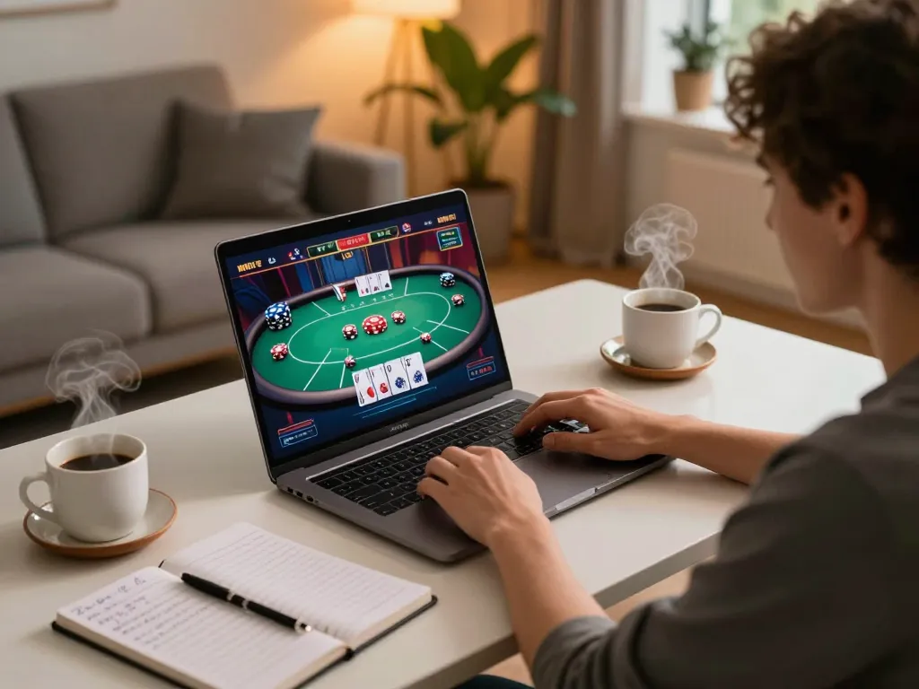Pemain menikmati permainan kasino daring di rumah menggunakan oracleappshub untuk strategi dan gameplay.