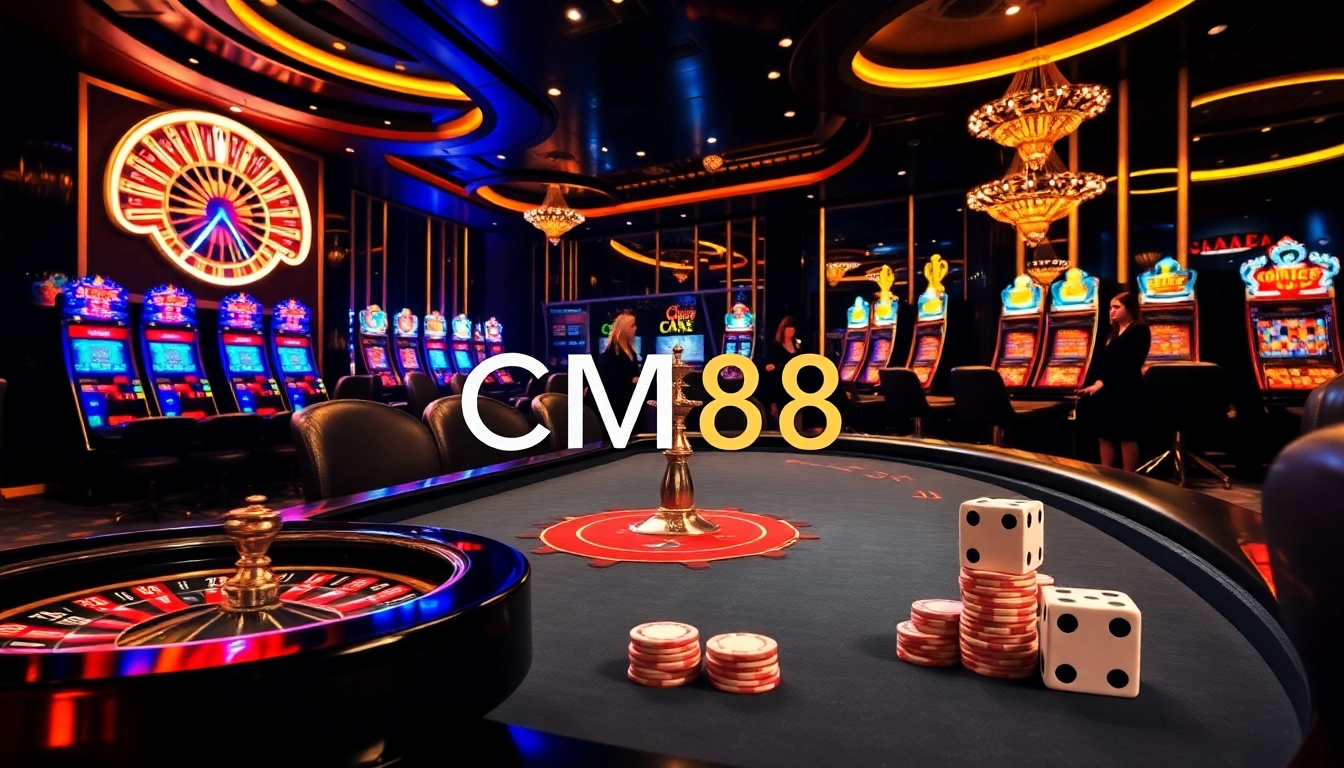 CM88-themed luxury casino scene with poker chips and roulette wheel.