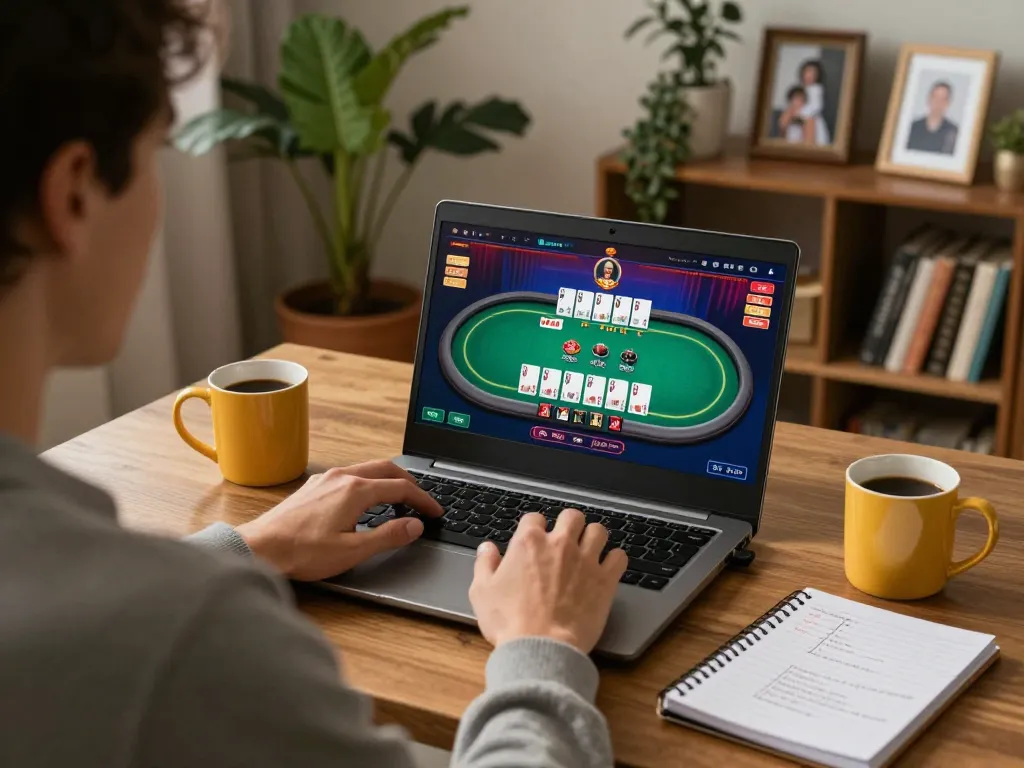 Person enjoying online gaming experience at trang chủ 78win in a cozy home setting with poker game visible.