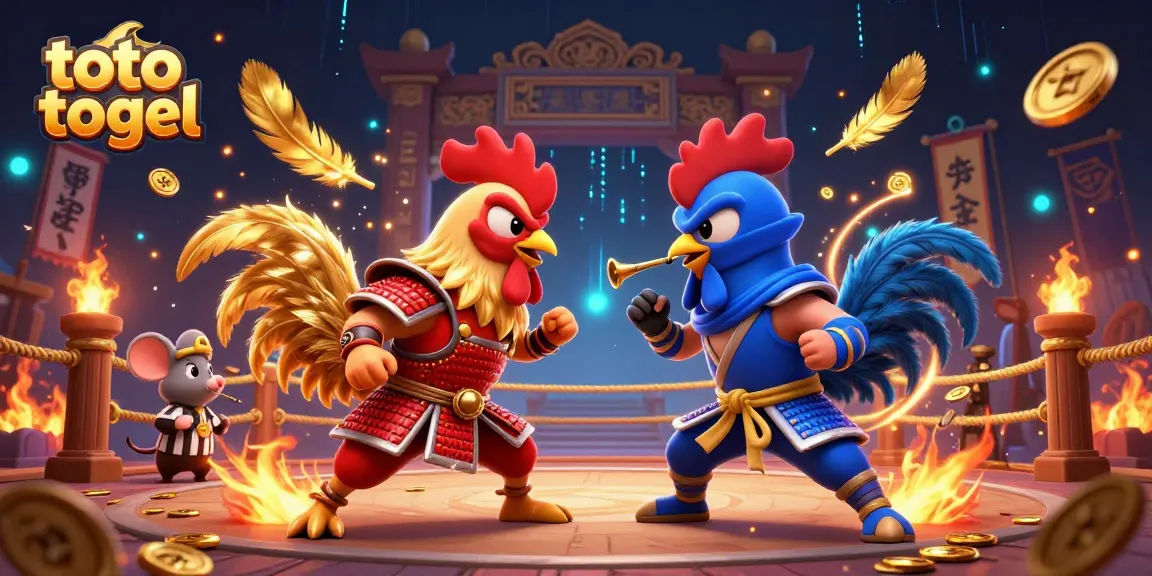 Engage in thrilling toto togel action with dynamic fighting roosters in a vibrant arena.