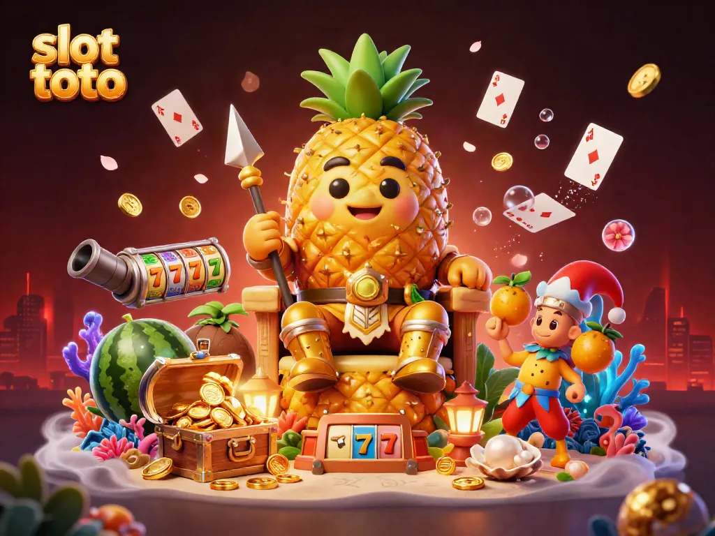 Experience the vibrant world of slot toto with a golden pineapple king and colorful gaming elements in this lively casino scene.