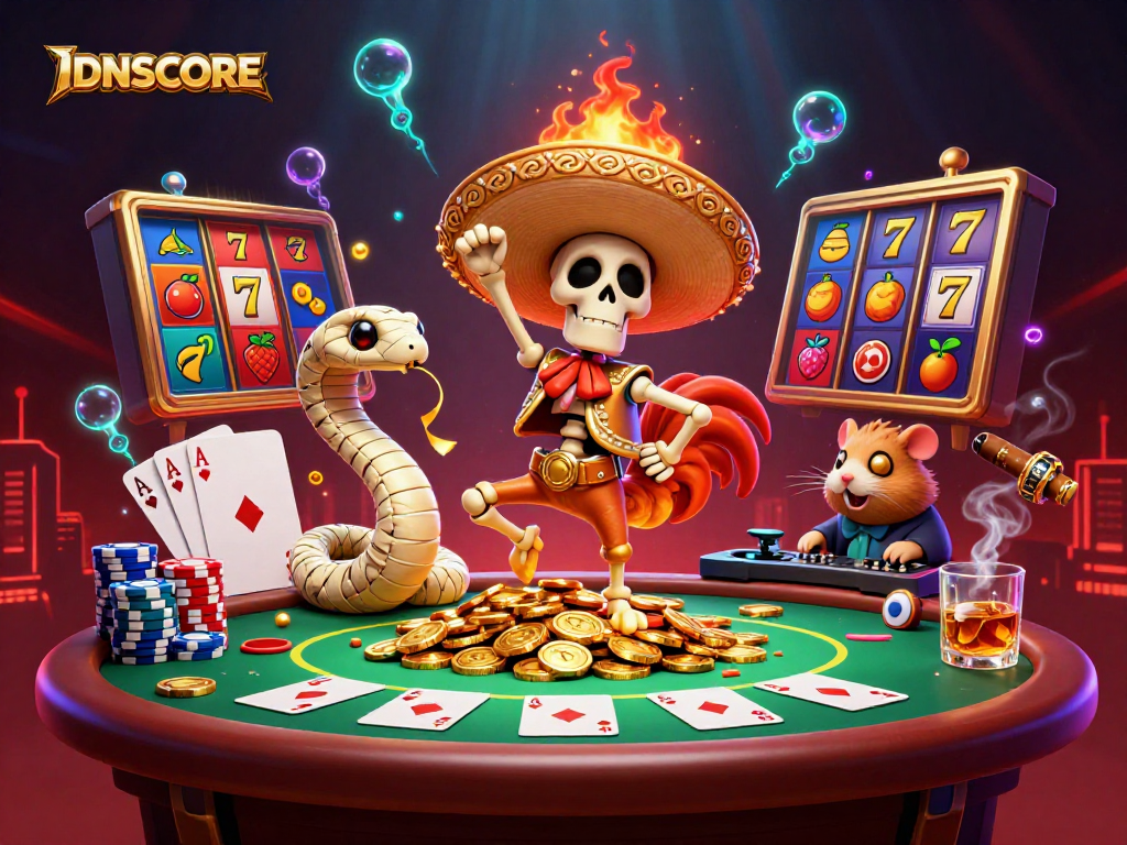 IDNSCORE showcases exciting gameplay with a mariachi rooster, mummy snake, and DJ hamster in a vibrant casino scene.