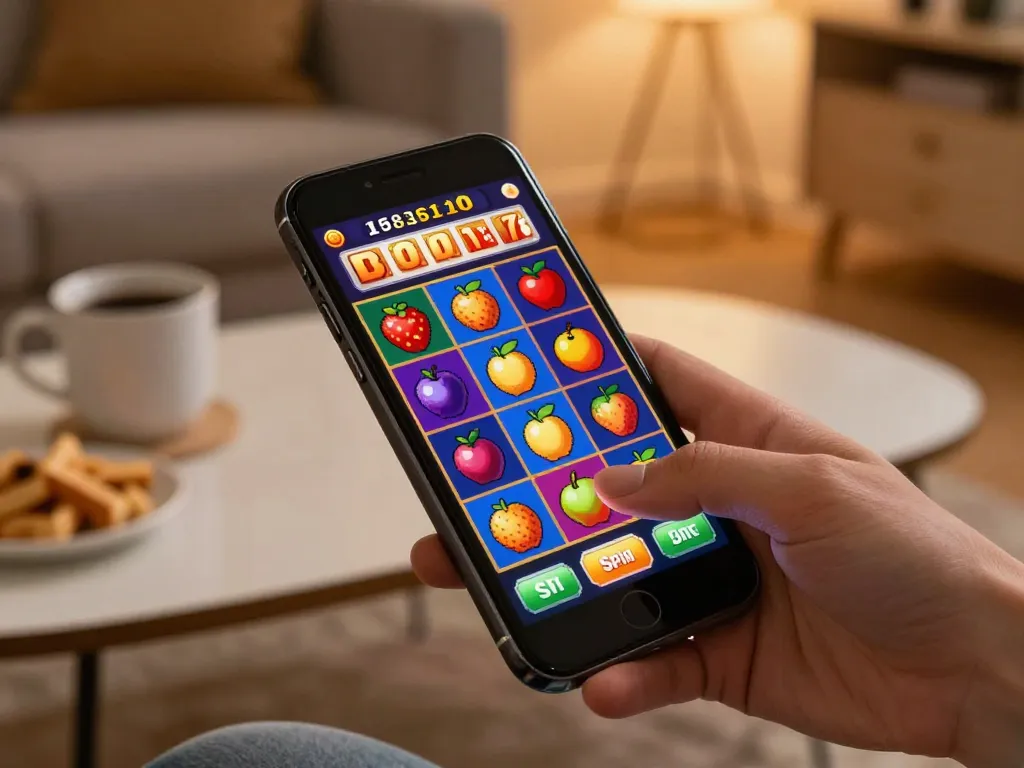Engaging in a slot deposit 5000 mobile game with vibrant graphics and a warm home ambiance.