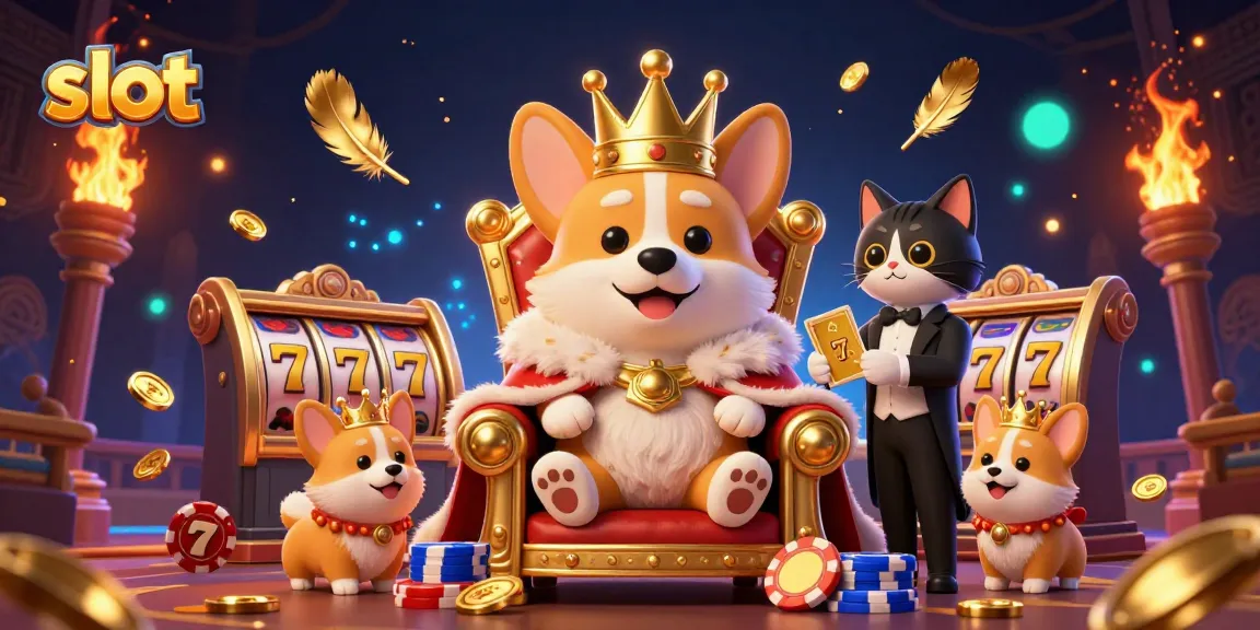 Spin for big wins at this vibrant slot-themed casino illustration featuring a corgi monarch.