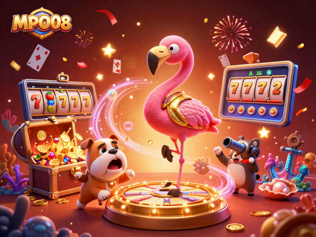 MPO08 engages players with vibrant slot reels and prizes in a 3D casino-themed scene.