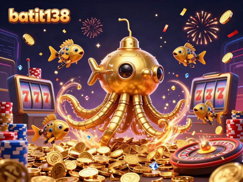 Menggulung kemenangan dengan batik138, simbol emas, dan jackpot di dalam kasino dalam gambar 3D yang menarik.