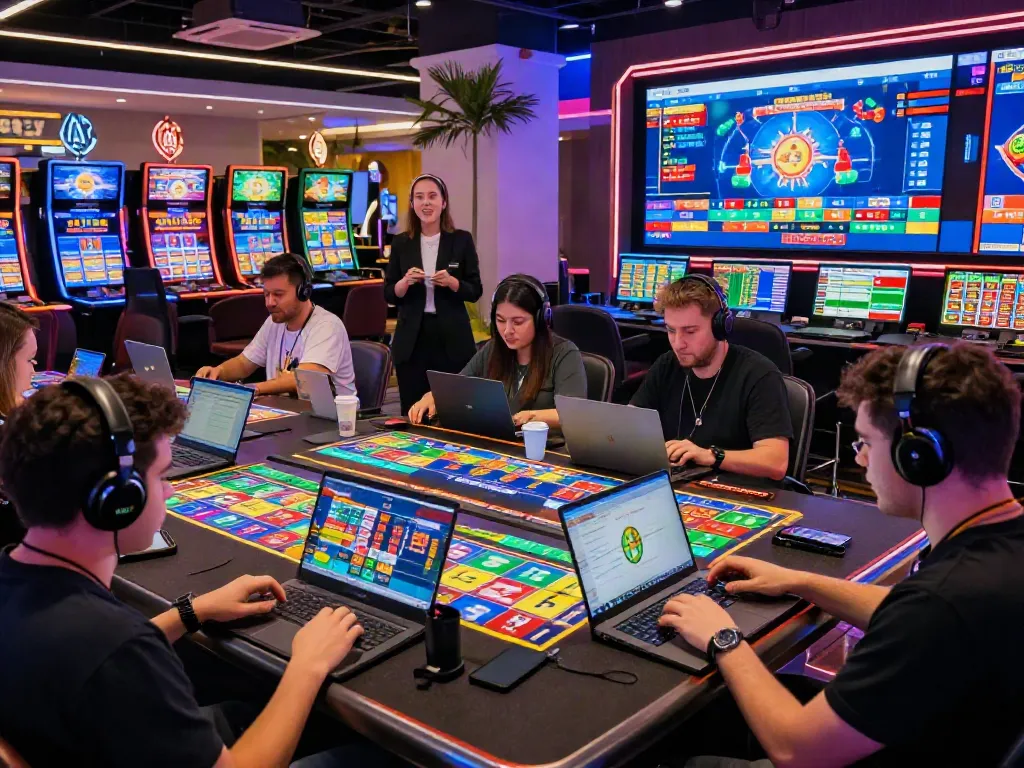 Exciting scene of players engaging in Bandar Togel online lottery game with vibrant screens and lively atmosphere.