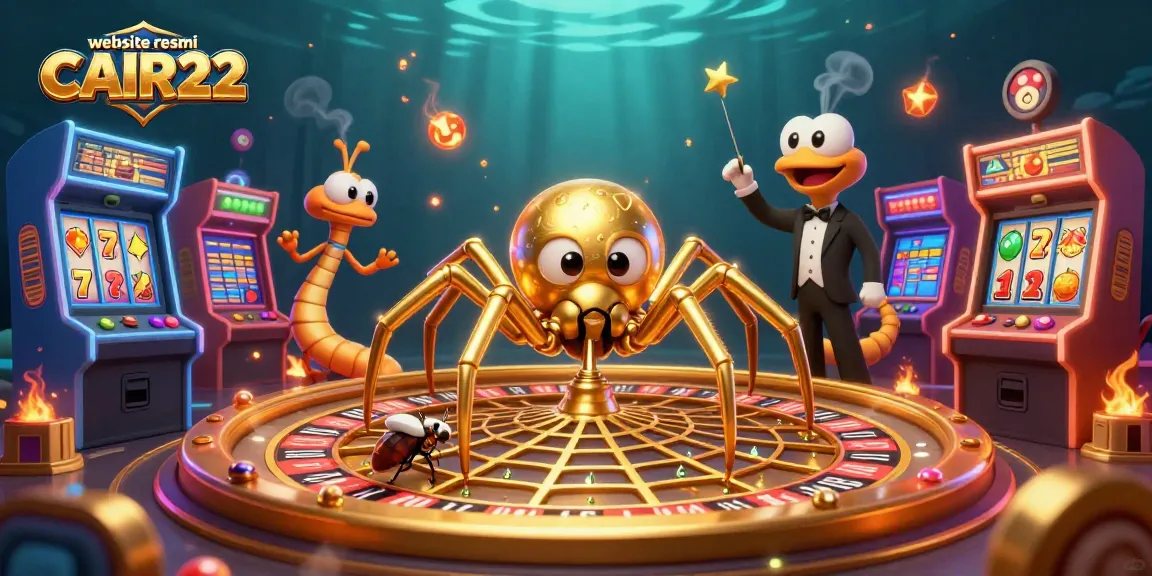 Experience thrilling bets at website resmi CAIR22 while interacting with a golden spider and a centipede croupier in a vibrant casino scene.