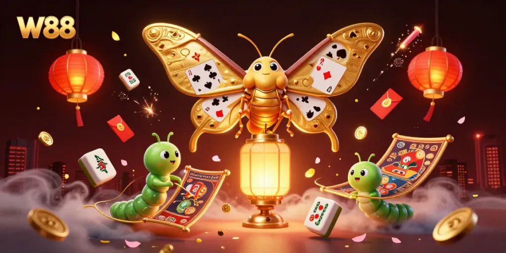 Experience the thrill of W88 with a vibrant 3D casino scene featuring a majestic moth and dynamic game elements