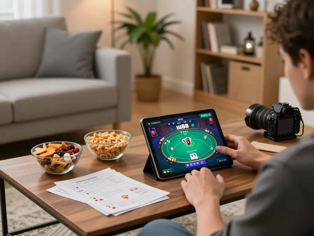 Engaging scene showing a player at home using uu88 link for online poker gaming