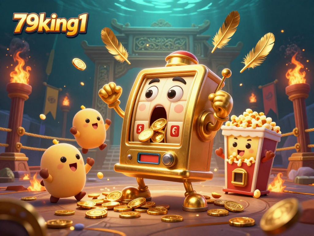 Experience thrilling jackpots with 79king1, featuring dynamic slot machines and golden treasures spilling out.