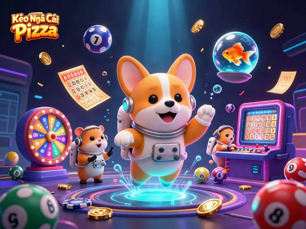 Kèo Nhà Cái Pizza's vibrant casino scene with a floating corgi and dynamic game elements.