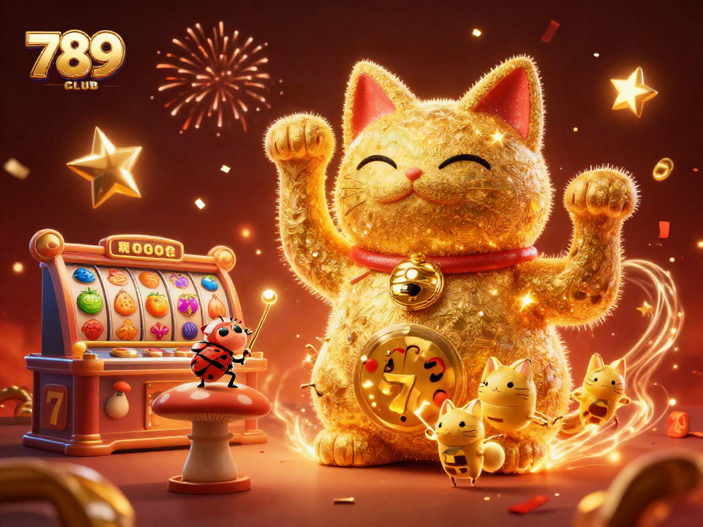 Experience the excitement of 789CLUB with a vibrant 3D lucky cat and casino symbols.