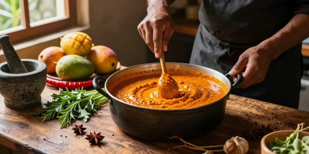 Proses memasak menggunakan annatto sebagai bahan warna dan rasa di dapur tradisional.