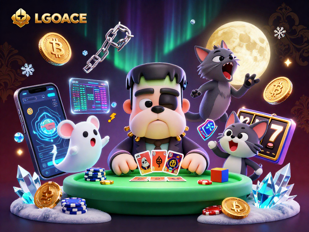 Engage with LGOACE at a vibrant casino scene featuring a quirky monster dealer and crypto elements.