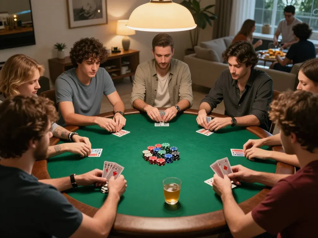 Players analyzing data hk during an intense poker game night at home, vibrant atmosphere