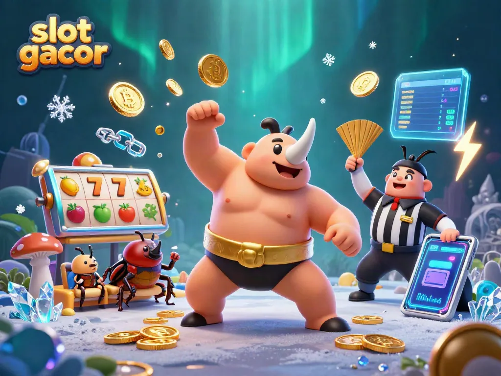 Slot gacor menghadirkan juara sumo beleka dengan koin emas berterbangan di kasino 3D.