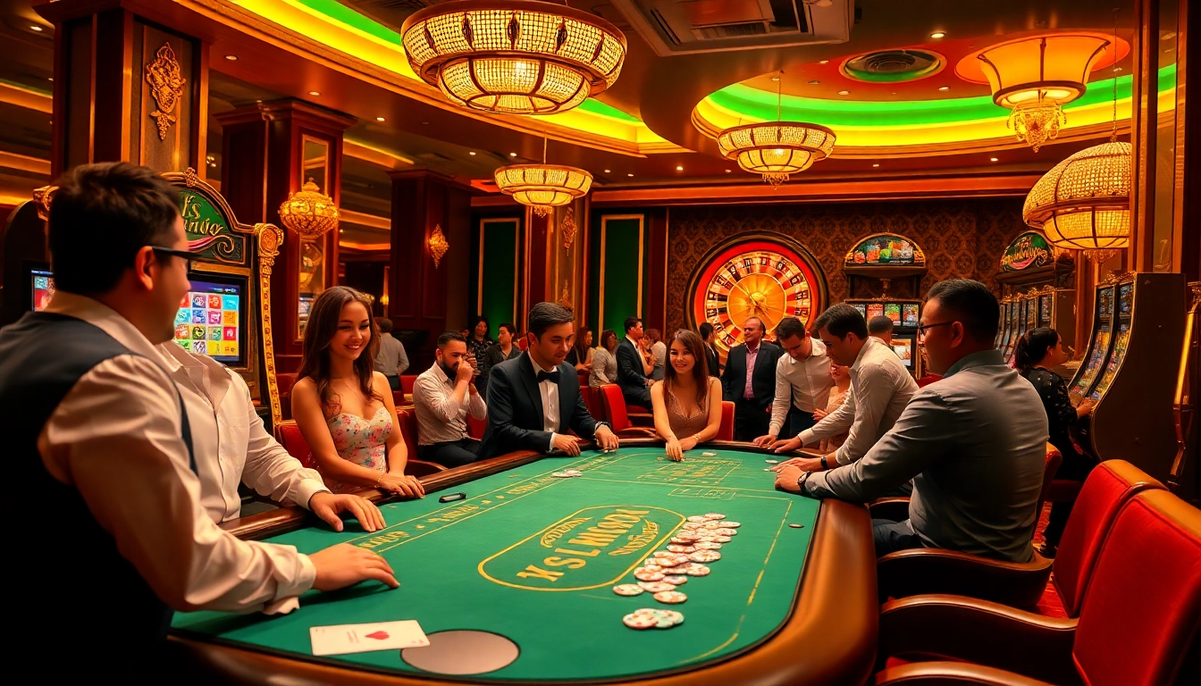 Experience thrilling casino action at NA777 with professional dealers and vibrant slot machines.