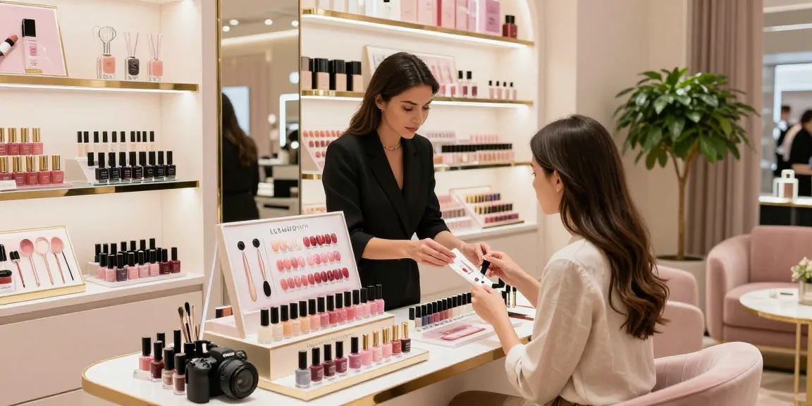 Pengalaman belanja produk LUXURY12 di toko kecantikan mewah dengan pencahayaan lembut.