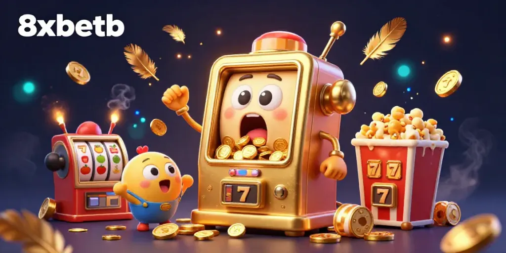 8xbetb's golden slot machine celebrates a jackpot, surrounded by cheering machines in a vibrant casino scene.