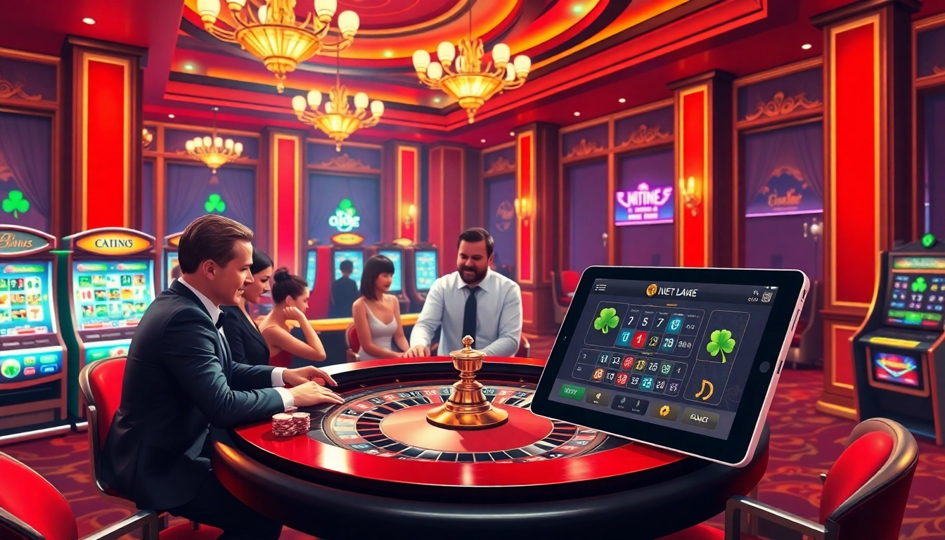 The glamorous atmosphere of a casino featuring players at the roulette table and online gambling interface from https://8kbetbh.com/.